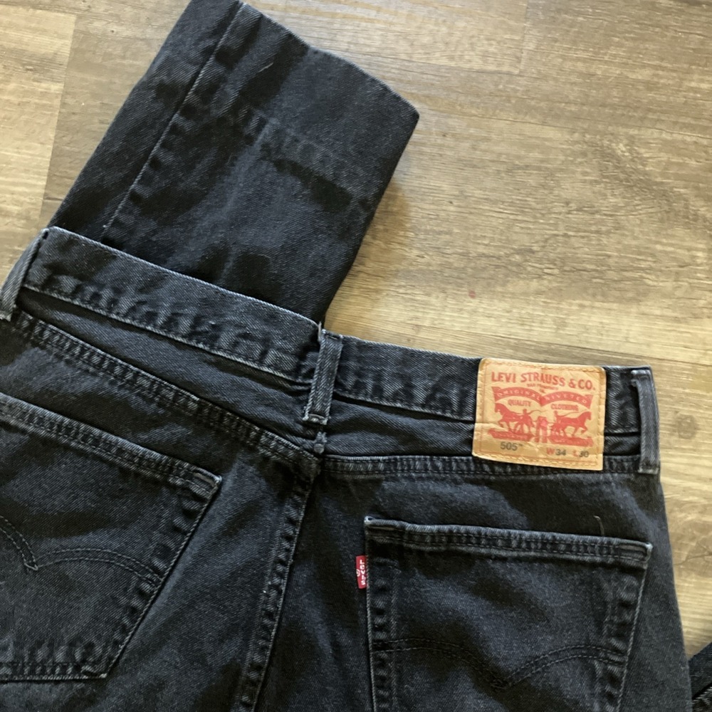 Levis 505 Jeans Men 34x 27 Black Regular Fit Straight Leg Dark Wash‎ Hemmed